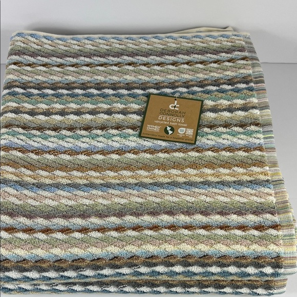 Deborah Connolly Bath Towel Set Green Blue Striped Textured Fall Decor 2 Pc NEW - Picture 2 of 8